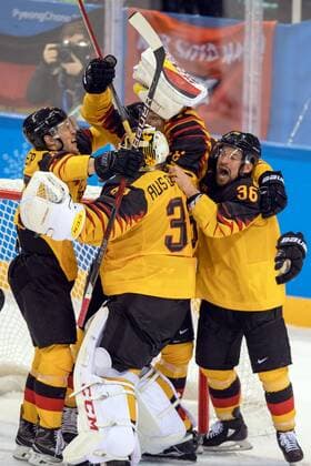 180223 The German team celebrates after the Men s Ice hockey Eishockey semifinal between Canada and Germany during day fourteen of the 2018 Winter Olympics on February 23, 2018 in Pyeongchang. Photo: Petter Arvidson BILDBYRAN kod PA 91999 Copyright: PETTERxARVIDSON BB180223PA121