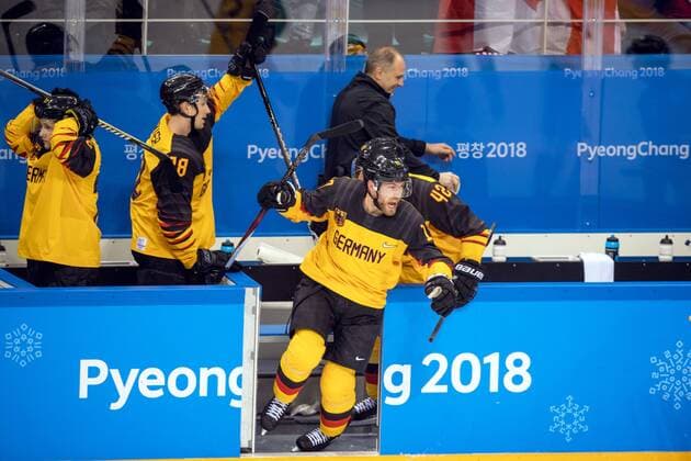 180223 Marcus Kink of Germany celebrates after the Men s Ice hockey Eishockey semifinal between Canada and Germany during day fourteen of the 2018 Winter Olympics on February 23, 2018 in Pyeongchang. Photo: Petter Arvidson BILDBYRAN kod PA 91999 Copyright: PETTERxARVIDSON BB180223PA123