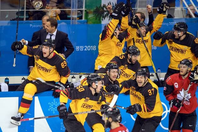 180223 The German players celebrates after the Men s Ice hockey Eishockey semifinal between Canada and Germany during day fourteen of the 2018 Winter Olympics on February 23, 2018 in Pyeongchang. Photo: Petter Arvidson BILDBYRAN kod PA 91999 Copyright: PETTERxARVIDSON BB180223PA124