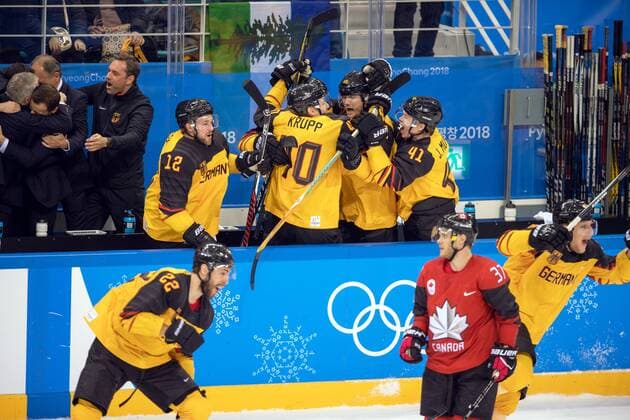 180223 The German players celebrates after the Men s Ice hockey Eishockey semifinal between Canada and Germany during day fourteen of the 2018 Winter Olympics on February 23, 2018 in Pyeongchang. Photo: Petter Arvidson BILDBYRAN kod PA 91999 Copyright: PETTERxARVIDSON BB180223PA125