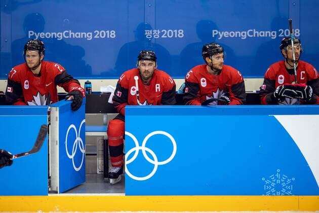 180223 Cody Goloubef, Chris Lee, Maxim Noreau and Chris Kelly of Canada looks dejected after the Men s Ice hockey Eishockey semifinal between Canada and Germany during day fourteen of the 2018 Winter Olympics on February 23, 2018 in Pyeongchang. Photo: Petter Arvidson BILDBYRAN kod PA 91999 Copyright: PETTERxARVIDSON BB180223PA129