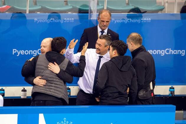 180223 The German coach team celebrate after the Men s Ice hockey Eishockey semifinal between Canada and Germany during day fourteen of the 2018 Winter Olympics on February 23, 2018 in Pyeongchang. Photo: Petter Arvidson BILDBYRAN kod PA 91999 Copyright: PETTERxARVIDSON BB180223PA131
