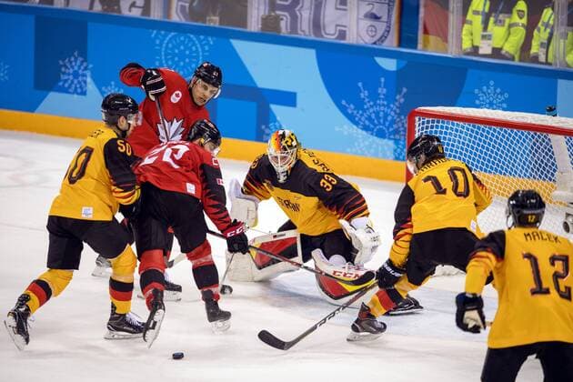 180223 Eric O Dell of Canada in front of goalkeeper Danny aus den Birken of Germany in the Men s Ice hockey Eishockey semifinal between Canada and Germany during day fourteen of the 2018 Winter Olympics on February 23, 2018 in Pyeongchang. Photo: Petter Arvidson BILDBYRAN kod PA 91999 Copyright: PETTERxARVIDSON BB180223PA138