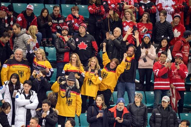 180223 Fans of Germany celebrate during the Men s Ice hockey Eishockey semifinal between Canada and Germany during day fourteen of the 2018 Winter Olympics on February 23, 2018 in Pyeongchang. Photo: Petter Arvidson BILDBYRAN kod PA 91999 Copyright: PETTERxARVIDSON BB180223PA141
