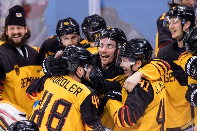 180223 Players of Germany celebrates after the Men s Ice hockey Eishockey semifinal between Canada and Germany during day fourteen of the 2018 Winter Olympics on February 23, 2018 in Pyeongchang. Photo: Petter Arvidson BILDBYRAN kod PA 92000 Copyright: PETTERxARVIDSON BB180223PA157