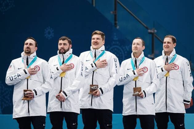 180224 Joe Polo, John Landsteiner, Matt Hamilton, Tyler George as well as John Shuster of USA (gold) on the medal ceremony after the Men s Curling Final between Sweden and United States during day fifteen of the 2018 Winter Olympics on February 24, 2018 in Pyeongchang. Photo: Jon Olav Nesvold BILDBYRAN kod JE 160198 Copyright: JONxOLAVxNESVOLD BB180224JE107