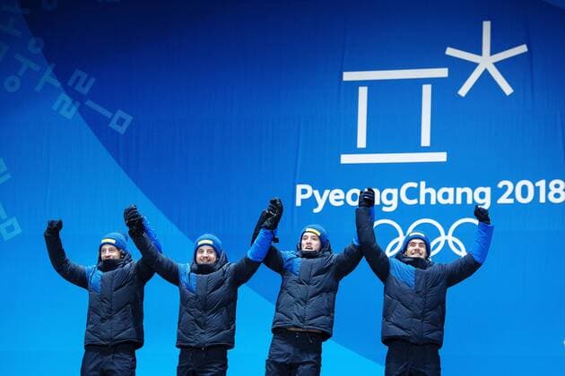 180224 Peppe Femling, Jesper Nelin, Sebastian Samuelsson and Fredrik Lindström of Sweden, Gold celebrates at the Medal Ceremony for the Men s Biathlon 4x7,5 km relay during day fifteen of the 2018 Winter Olympics on February 24, 2018 in Pyeongchang. Photo: Carl Sandin BILDBYRAN kod CS 57999_322 Copyright: CARLxSANDIN BB180224CS096