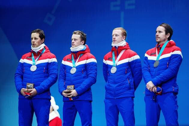 180224 Lars Helge Birkeland, Tarjei Bo, Johannes Thingnes Bo and Emil Hegle Svendsen of Norway, Silver, celebrates at the Medal Ceremony for the Men s Biathlon 4x7,5 km relay during day fifteen of the 2018 Winter Olympics on February 24, 2018 in Pyeongchang. Photo: Carl Sandin BILDBYRAN kod CS 57999_322 Copyright: CARLxSANDIN BB180224CS098