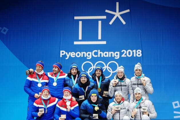 180224 Lars Helge Birkeland, Tarjei Bo, Johannes Thingnes Bo and Emil Hegle Svendsen of Norway, Silver, Peppe Femling, Jesper Nelin, Sebastian Samuelsson and Fredrik Lindström of Sweden, Gold, and, Erik Lesser, Benedikt Doll, Arnd Peiffer and Simon Schempp of Germany, Bronze celebrates at the Medal Ceremony for the Men s Biathlon 4x7,5 km relay during day fifteen of the 2018 Winter Olympics on February 24, 2018 in Pyeongchang. Photo: Carl Sandin BILDBYRAN kod CS 57999_322 Copyright: CARLxSANDIN BB180224CS100