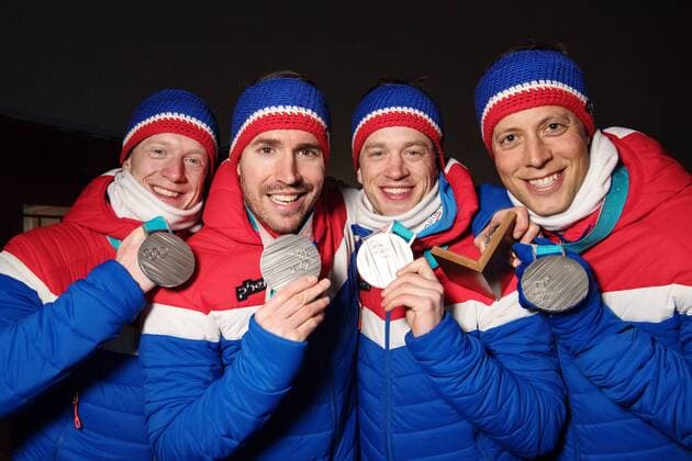 180224 Lars Helge Birkeland, Tarjei Bo, Johannes Thingnes Bo and Emil Hegle Svendsen of Norway, Silver, celebrates with their medals while posing for a picture after the Medal Ceremony for the Men s Biathlon 4x7,5 km relay during day fifteen of the 2018 Winter Olympics on February 24, 2018 in Pyeongchang. Photo: Carl Sandin BILDBYRAN kod CS 57999_322 Copyright: CARLxSANDIN BB180224CS115