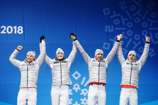 180224 Erik Lesser, Benedikt Doll, Arnd Peiffer and Simon Schempp of Germany, Bronze celebrates at the Medal Ceremony for the Men s Biathlon 4x7,5 km relay during day fifteen of the 2018 Winter Olympics on February 24, 2018 in Pyeongchang. Photo: Carl Sandin BILDBYRAN kod CS 57999_322 Copyright: CARLxSANDIN BB180224CS119