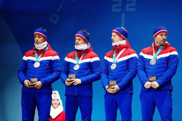 180224 Lars Helge Birkeland, Tarjei Bo, Johannes Thingnes Bo and Emil Hegle Svendsen of Norway, Silver, celebrates at the Medal Ceremony for the Men s Biathlon 4x7,5 km relay during day fifteen of the 2018 Winter Olympics on February 24, 2018 in Pyeongchang. Photo: Carl Sandin BILDBYRAN kod CS 57999_322 Copyright: CARLxSANDIN BB180224CS120