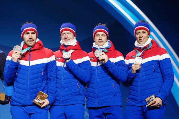 180224 Lars Helge Birkeland, Tarjei Bo, Johannes Thingnes Bo and Emil Hegle Svendsen of Norway, Silver, celebrates at the Medal Ceremony for the Men s Biathlon 4x7,5 km relay during day fifteen of the 2018 Winter Olympics on February 24, 2018 in Pyeongchang. Photo: Carl Sandin BILDBYRAN kod CS 57999_322 Copyright: CARLxSANDIN BB180224CS123