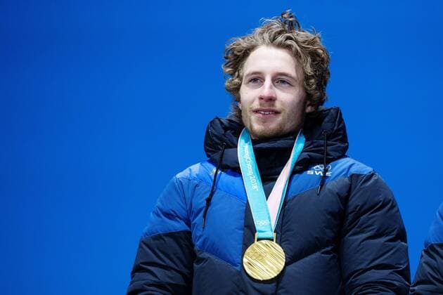180224 Peppe Femling of Sweden, gold, celebrates at the Medal Ceremony for the Men s Biathlon 4x7,5 km relay during day fifteen of the 2018 Winter Olympics on February 24, 2018 in Pyeongchang. Photo: Carl Sandin BILDBYRAN kod CS 57999_322 Copyright: CARLxSANDIN BB180224CS134