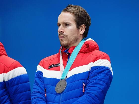 180224 Emil Hegle Svendsen of Norway, silver, celebrates at the Medal Ceremony for the Men s Biathlon 4x7,5 km relay during day fifteen of the 2018 Winter Olympics on February 24, 2018 in Pyeongchang. Photo: Carl Sandin BILDBYRAN kod CS 57999_322 Copyright: CARLxSANDIN BB180224CS142