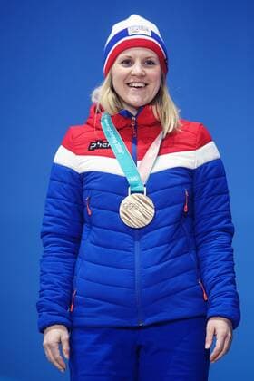 180224 Kristin Moen Skaslien of Norway, awarded a bronze after a russian athlete was disqualified, celebrate at the Medal Ceremony for the Mixed Double Curling Event during day fifteen of the 2018 Winter Olympics on February 24, 2018 in Pyeongchang. Photo: Carl Sandin BILDBYRAN kod CS 57999_322 Copyright: CARLxSANDIN BB180224CS149