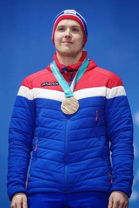 180224 Magnus Nedregotten of Norway, awarded a bronze after a russian athlete was disqualified, celebrate at the Medal Ceremony for the Mixed Double Curling Event during day fifteen of the 2018 Winter Olympics on February 24, 2018 in Pyeongchang. Photo: Carl Sandin BILDBYRAN kod CS 57999_322 Copyright: CARLxSANDIN BB180224CS151