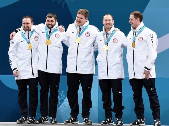 (180224) -- PYEONGCHANG, Feb. 24, 2018 -- Champion team of the United States pose for photos during medal ceremony of men s curling at the 2018 PyeongChang Winter Olympic Games Olympische Spiele Olympia OS at Gangneung Curling Centre, Gangnueng, South Korea, Feb. 24, 2018. ) (SP)OLY-SOUTH KOREA-PYEONGCHANG-CURLING-MEN S FINAL MaxPing 