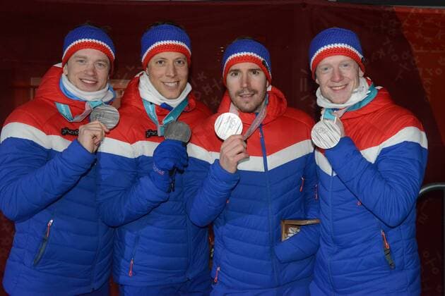 February 24, 2018 - Pyeongchang, South Korea - The biathlon team from Norway with their silver medals from the Men s 4 x 7.5km Relay event in the PyeongChang Olympic Games Olympische Spiele Olympia OS .Team members : Lars Helge BIRKELAND Tarjei BOE Johannes Thingnes BOE Emil Hegle SVENDSEN. Pyeongchang 18: Medal Winners - ZUMAl132 20180224_zap_l132_048 Copyright: xChristopherxLevyx