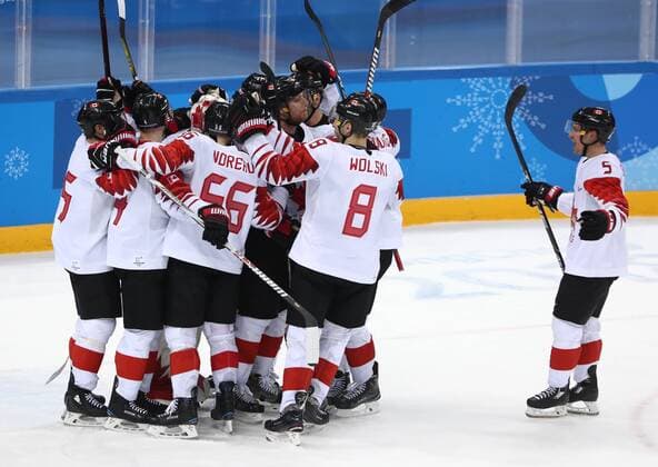 GANGNEUNG, SOUTH KOREA - FEBRUARY 24, 2018: Canada s players celebrate winning the men s bronze medal Ice hockey Eishockey game between the Czech Republic and Canada at Gangneug Hockey Centre at the 2018 Winter Olympic Games Olympische Spiele Olympia OS Canada won the game 6-4. Valery Sharifulin TASS  TS075992