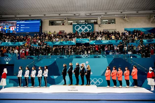 180225 Players of South Korea, Sweden and Japan on the podium after the WomenÕs Curling Final between South Korea and Sweden during day sixteen of the 2018 Winter Olympics on February 25, 2018 in Pyeongchang. Photo: Petter Arvidson BILDBYRN kod PA 160200 Copyright: PETTERxARVIDSON BB180225PA032