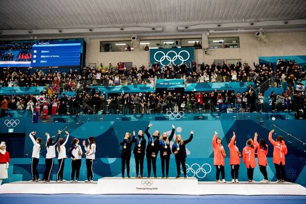 180225 Players of South Korea, Sweden and Japan receive the silver, gold and bronze medals on the podium after the WomenÕs Curling Final between South Korea and Sweden during day sixteen of the 2018 Winter Olympics on February 25, 2018 in Pyeongchang. Photo: Petter Arvidson BILDBYRN kod PA 160200 Copyright: PETTERxARVIDSON BB180225PA033