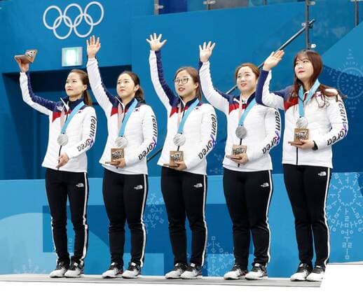 Pyeongchang Olympics Members of the South Korean women s curling team wave to the crowd during the medal ceremony at the Pyeongchang Winter Olympics in Gangneung, South Korea on Feb. 25, 2018. They won silver. 