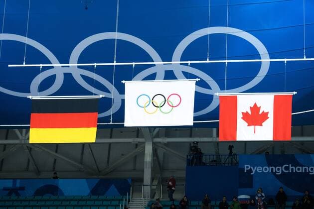 180225 Flags of Team Germany, silver, Team Russia (OAR), Gold and Team Canada, Bronze after the Ice hockey Eishockey Men s Final between Olympic Athletes from Russia (OAR) and Germany during day sixteen of the 2018 Winter Olympics on February 25, 2018 in Pyeongchang. Photo: Joel Marklund BILDBYRN kod JM 87649 Copyright: JOELxMARKLUND BB180225JM058