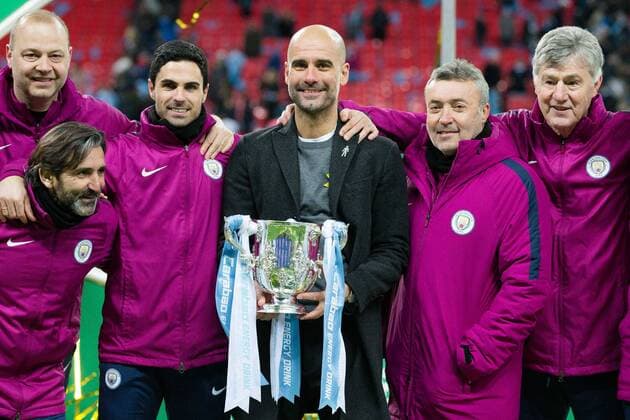 Manchester City Manager, Pep Guardiola with the Carabao Cup at Wembley Stadium, London. Picture date 25th February 2018. Picture credit should read: Charlie Forgahm-Bailey Sportimage EDITORIAL USE ONLY. No use with unauthorised audio, video, data, fixture lists, club league logos or live services. Online in-match use limited to 120 images, no video emulation. No use in betting, games or single club league player publications.