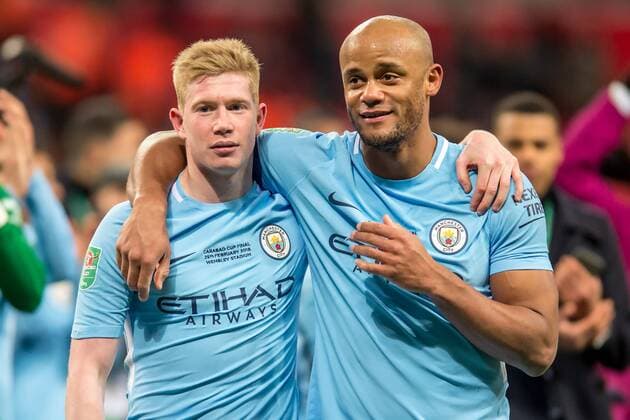 Kevin De Bruyne of Manchester City and Vincent Kompany of Manchester City celebrate the victory of the EFL Carabao Cup after the EFL Carabao Cup Final match between Arsenal and Manchester City at Wembley Stadium, London, England on 25 February 2018. Copyright: xSalvioxCalabresex 19050148