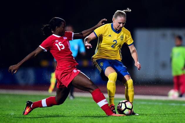 Fußball, Damen, Algarve Cup, Kanada - Schweden 180228 Kanadas Nichelle Prince och Sveriges Jonna Andersson under fotbollsmatchen i Algarve Cup 2018 mellan Kanada och Sverige den 28 februari 2018 i Parchal. Copyright: LUDVIGxTHUNMAN BB180228LT045