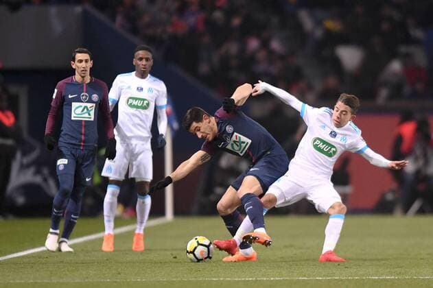 17 BOUNA SARR (om) - 11 ANGEL DI MARIA (psg) - 17 YURI BERCHICHE (psg) - 27 MAXIME LOPEZ (om) FOOTBALL : Paris SG vs Marseille - Coupe de France - 28 02 2018 AnthonyBIBARD FEP Panoramic 