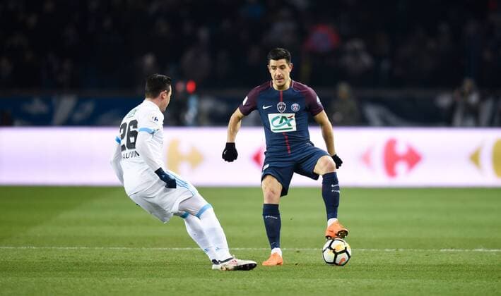 Yuri Berchiche ( PSG ) -Florian Thauvin ( Olympique Marseille ) FOOTBALL : Paris Saint Germain vs Olympique de Marseille - Coupe de France - Paris - 28 02 2018 FedericoPestellini Panoramic 