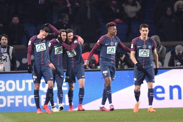 09 EDINSON CAVANI (psg) - 11 ANGEL DI MARIA (psg) - 23 JULIAN DRAXLER (psg) - 17 YURI BERCHICHE (psg) - 03 PRESNEL KIMPEMBE (psg) - JOIE FOOTBALL : Paris SG vs Marseille - Coupe de France - 28 02 2018 AnthonyBIBARD FEP Panoramic 