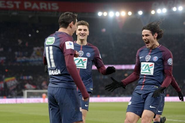 09 EDINSON CAVANI (psg) - 11 ANGEL DI MARIA (psg) - 12 THOMAS MEUNIER (psg) - JOIE FOOTBALL : Paris SG vs Marseille - Coupe de France - 28 02 2018 AnthonyBIBARD FEP Panoramic 