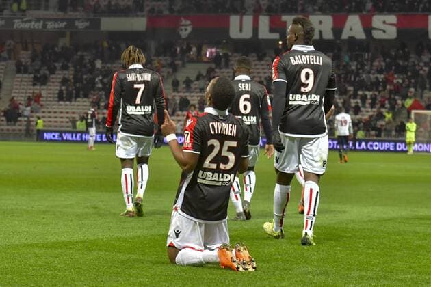 Joie - but - Wylan Cyprien (OGC Nice) - Mario Balotelli (OGC Nice) - Jean Michael Seri (OGC Nice) - Allan Saint Maximin (OGC Nice) FOOTBALL : OGC Nice vs Lille - Ligue 1 - Nice - 02 03 2018 NorbertScanella Panoramic 