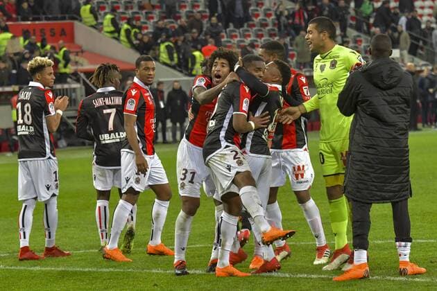 Fin de match - Joie OGC Nice - DAnte (OGC Nice) - Wylan Cyprien (OGC Nice) - Patrick Burner (OGC Nice) - Walter Benitez (OGC Nice) FOOTBALL : OGC Nice vs Lille - Ligue 1 - Nice - 02 03 2018 NorbertScanella Panoramic 