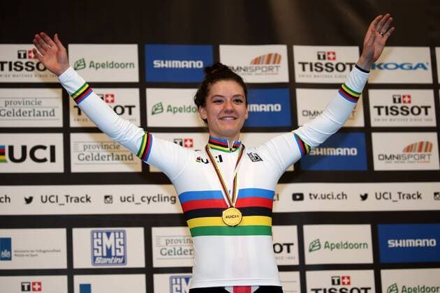 UCI 2018 Track cycling Rad Radsport Bahnrad Bahn World Championships, UCI Bahn Weltmeisterschaften 2018, Apeldoorn (NED), 03.03.2018, xmdx, Womens Individual Pursuit Victory Ceremony, World Champion Chloe DYGERT (USA, United States of America) gold, 2018 Track Cycling World Championships