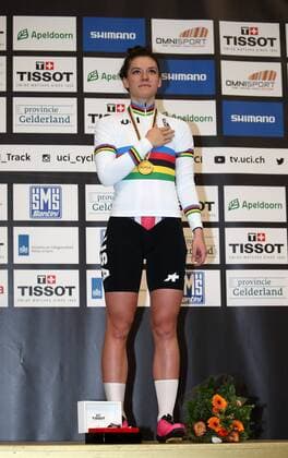 UCI 2018 Track cycling Rad Radsport Bahnrad Bahn World Championships, UCI Bahn Weltmeisterschaften 2018, Apeldoorn (NED), 03.03.2018, xmdx, Womens Individual Pursuit Victory Ceremony, World Champion Chloe DYGERT (USA, United States of America) gold, 2018 Track Cycling World Championships