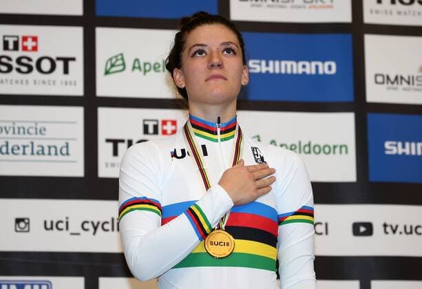 UCI 2018 Track cycling Rad Radsport Bahnrad Bahn World Championships, UCI Bahn Weltmeisterschaften 2018, Apeldoorn (NED), 03.03.2018, xmdx, Womens Individual Pursuit Victory Ceremony, World Champion Chloe DYGERT (USA, United States of America) gold, 2018 Track Cycling World Championships
