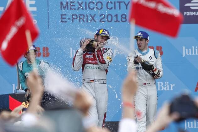 British driver Oliver Turvey (L) of Nio Formula E Team, German Daniel Abt (c) of Audi ABT Schaeffler and Swiss Sebastien Buemi (R) of Renault E. Dams celebrate the second, first and third place in the podium of the 2018 Mexico City E-Prix at the Hermanos Rodriguez racetrack in Mexico City, Mexico, 03 March 2018. Mexico Formula E-Prix in Mexico City !ACHTUNG: NUR REDAKTIONELLE NUTZUNG!  Copyright: xSASHENKAxGUTIERREZx MEX52 20180304-636557274714659824