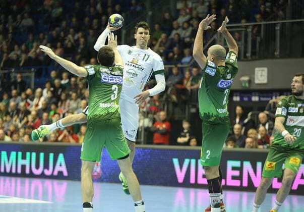 04.03.2018, xcsx, Handball EHF Pokal, SC Magdeburg - Tatran Presov, emspor, v.l. Piotr Chrapkowski (SC Magdeburg), Lukas Urban (Tatran Presov), Zeljko Musa (SC Magdeburg) Magdeburg