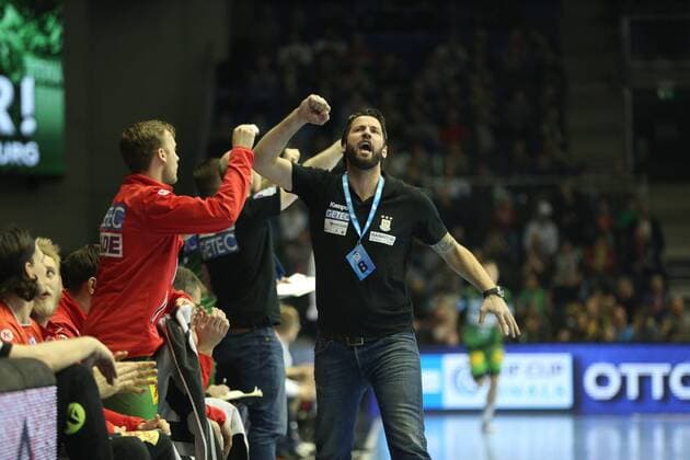 04.03.2018, xcsx, Handball EHF Pokal, SC Magdeburg - Tatran Presov, emspor, v.l. Bennet Wiegert (SC Magdeburg) jubelt nach Torerfolg seiner Mannschaft Magdeburg