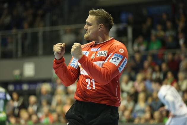04.03.2018, xcsx, Handball EHF Pokal, SC Magdeburg - Tatran Presov, emspor, v.l. Lukas Mertens (SC Magdeburg) jubelt nach Parade, Portrait Magdeburg