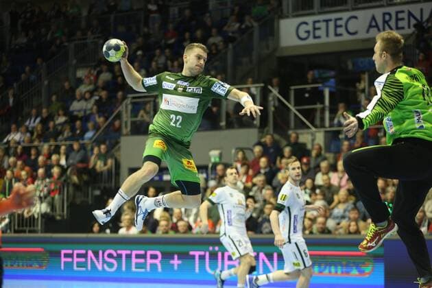 04.03.2018, xcsx, Handball EHF Pokal, SC Magdeburg - Tatran Presov, emspor, v.l. Lukas Mertens (SC Magdeburg) throws against Igor Chupryna (Tatran Presov) Magdeburg