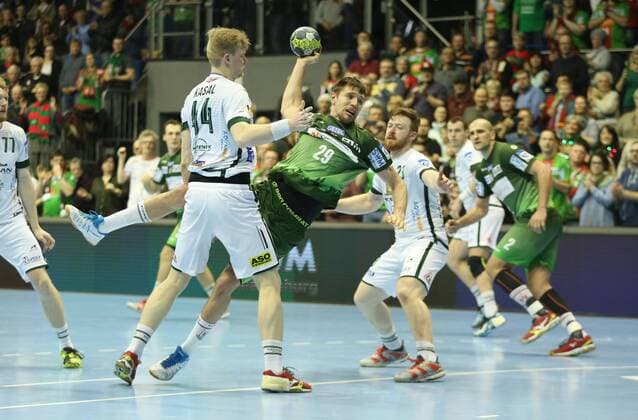 04.03.2018, xcsx, Handball EHF Pokal, SC Magdeburg - Tatran Presov, emspor, v.l. Michal Kasal (Tatran Presov), Gleb Kalarash (SC Magdeburg) Magdeburg