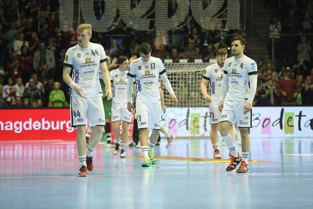 04.03.2018, xcsx, Handball EHF Pokal, SC Magdeburg - Tatran Presov, emspor, v.l. players of Presov enttaeuscht, enttaeuscht schauen, disappointed Magdeburg