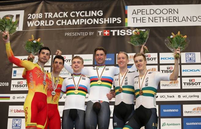 UCI 2018 Track cycling Rad Radsport Bahnrad Bahn World Championships, UCI Bahn Weltmeisterschaften 2018, Apeldoorn (NED), 04.03.2018, xmdx, Mens Madison finals, Victory Ceremony, 2nd place Spain Alberto Torres Barcelo with Sebastian Mora Vedri silver, World Champions Germany Deutschland, GER, Theo REINHARDT and Roger KLUGE gold, 3rd Australia Cameron Meyer and Callum Scotson bronze, 2018 Track Cycling World Championships