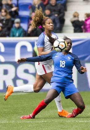 HARRISON, NJ - MARCH 04: Casey Short (2) of the USWNT crashes into Viviane Asseyi (18) of France during a She Believes Cup match between the USWNT and France on March 04, 2018, at Red Bull Arena, in Harrison, N.J. The game ended in a 1-1 tie. (Photo by Tony Quinn Icon Sportswire) SOCCER: MAR 04 SheBelieves Cup - USA v France Icon25518030411 EDITORIAL USE ONLY