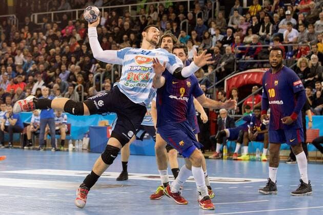 MOL-Pick Szeged s Bence Banhidi (C-L) in action during a Champions League handball match between FC Barcelona Barca and MOL-Pick Szeged at Palau Blaugrana in Barcelona, north eastern Spain, 04 March 2018. FC Barcelona vs MOL-Pick Szeged !ACHTUNG: NUR REDAKTIONELLE NUTZUNG!  Copyright: xMARTAxPEREZx GRAF4972 20180304-636557964817020247